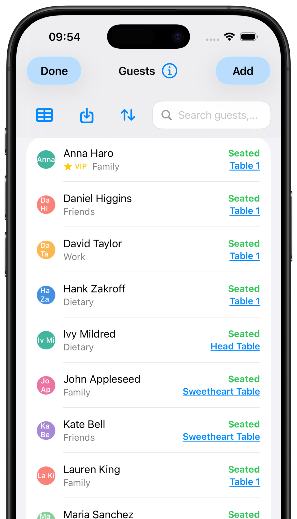 Seatsy guest list with assigned seating