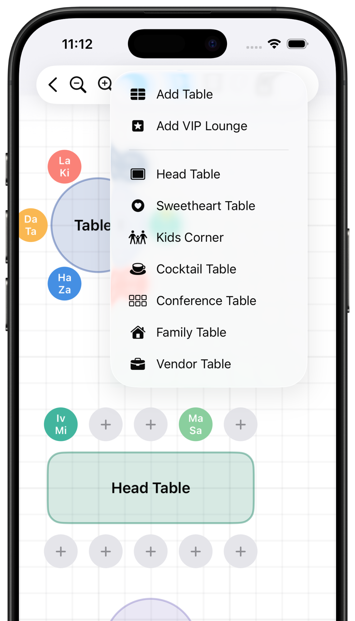 Seatsy add table menu showing table types